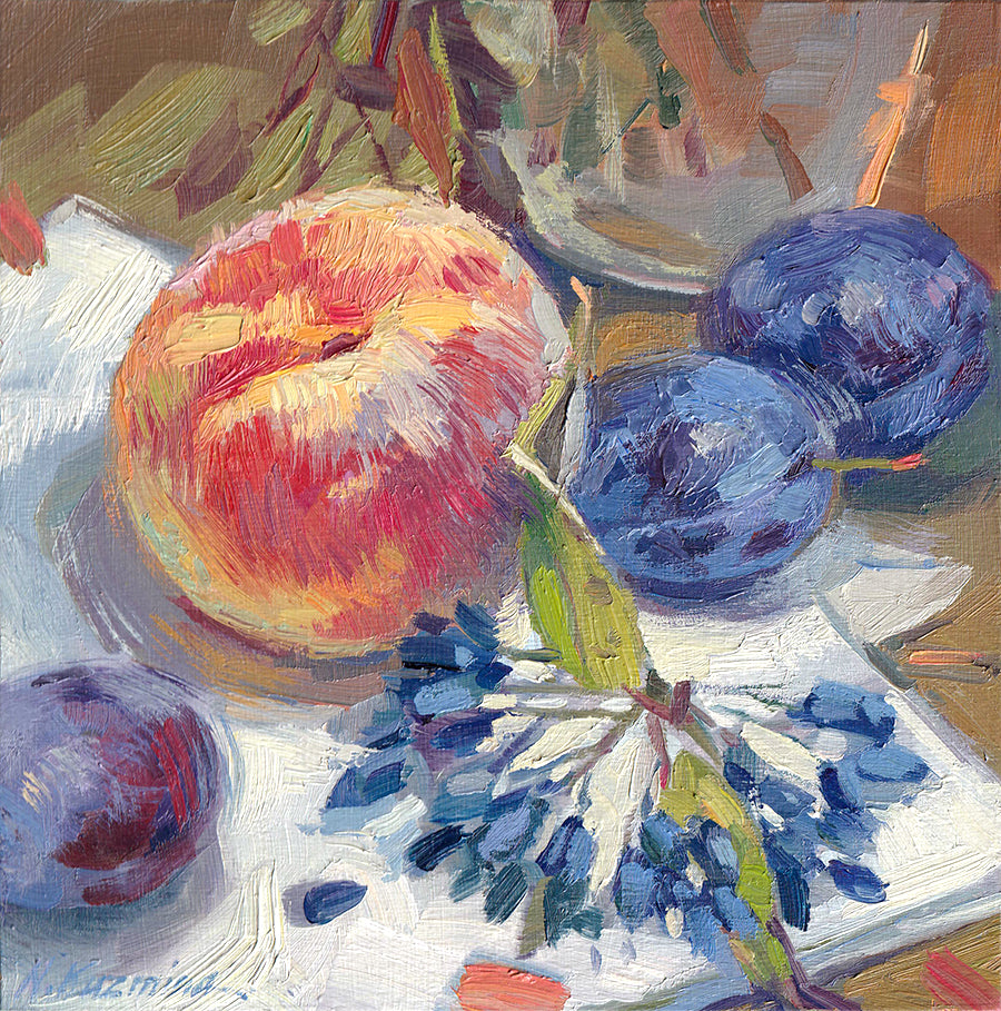 Fuzzy peach and three plums