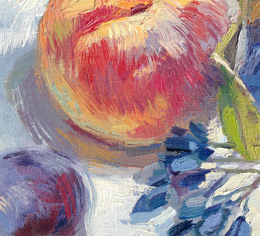 Fuzzy peach and three plums