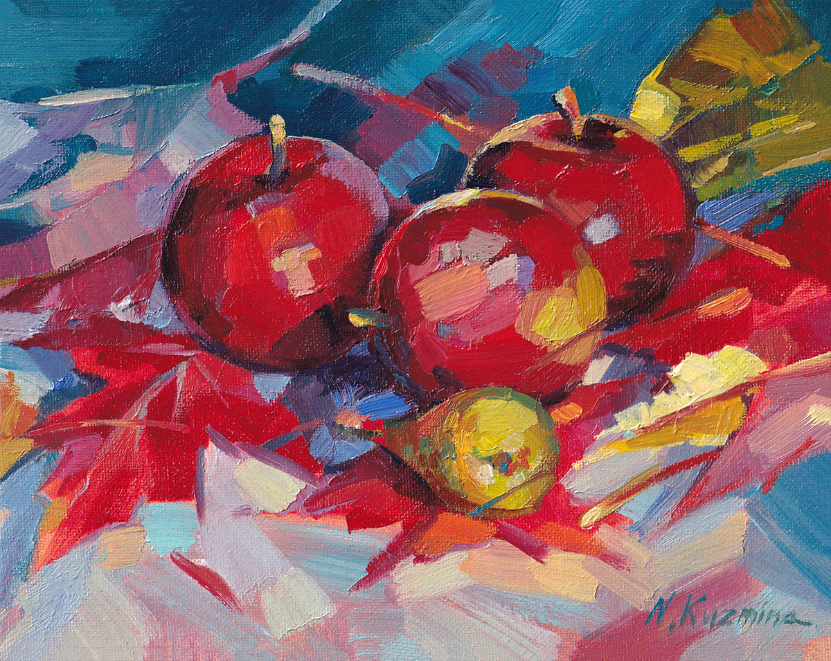 Leaves and apples at sunset