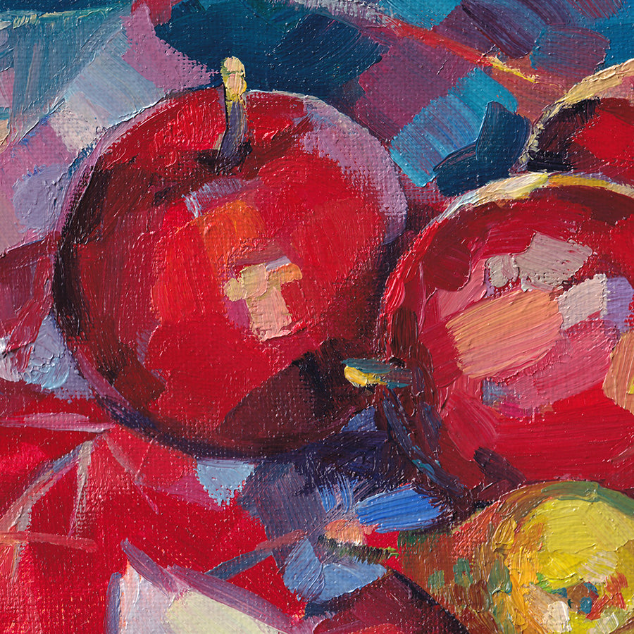 Leaves and apples at sunset